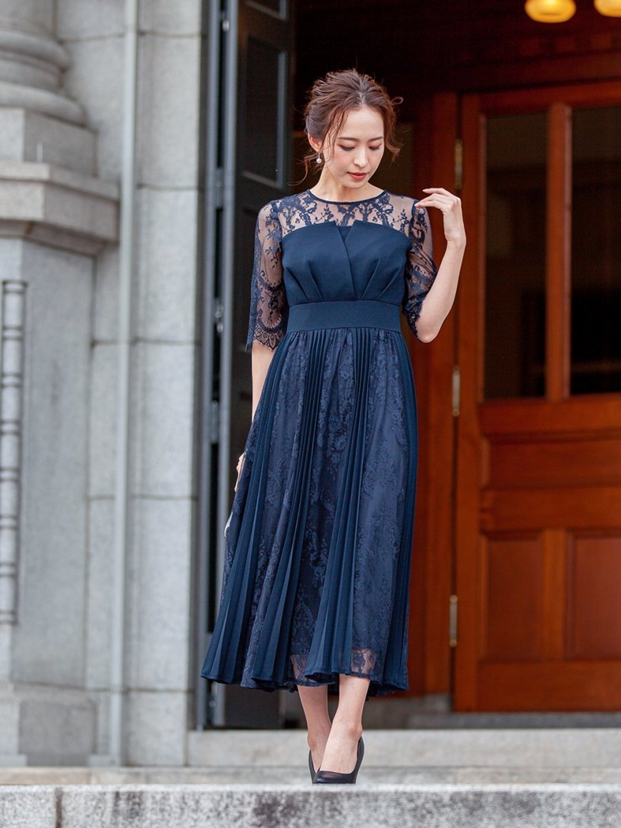 レース&プリーツロングドレス - &Robu.