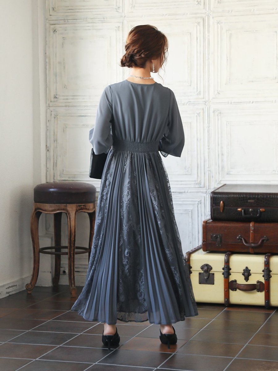 レース&プリーツロングドレス - &Robu.