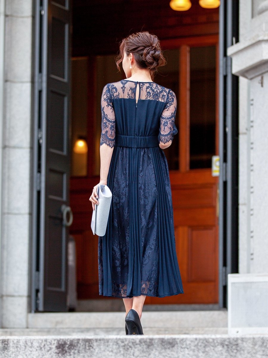 レース&プリーツロングドレス - &Robu.