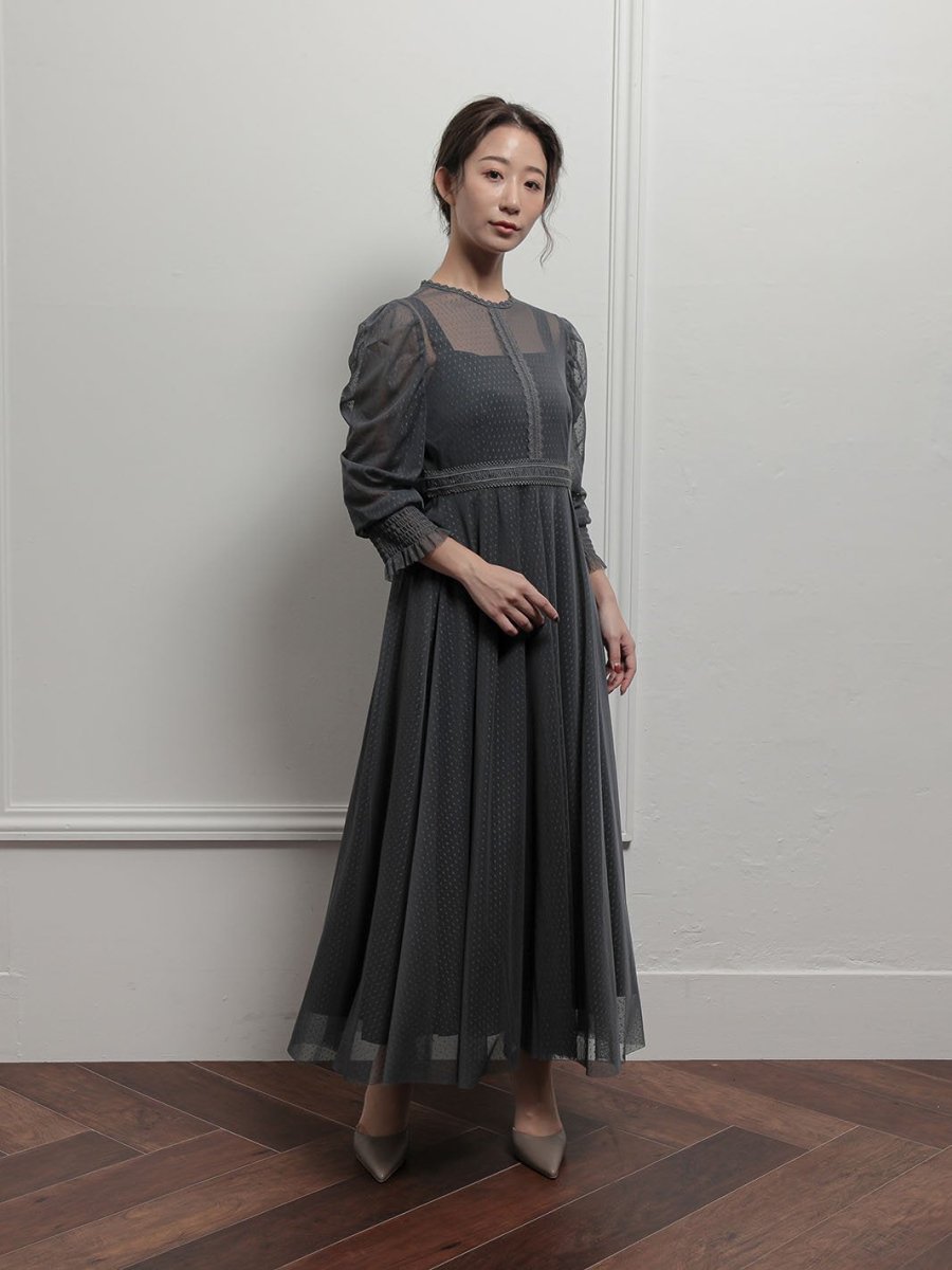 ギャザースリーブチュールレースロングドレス - &Robu.