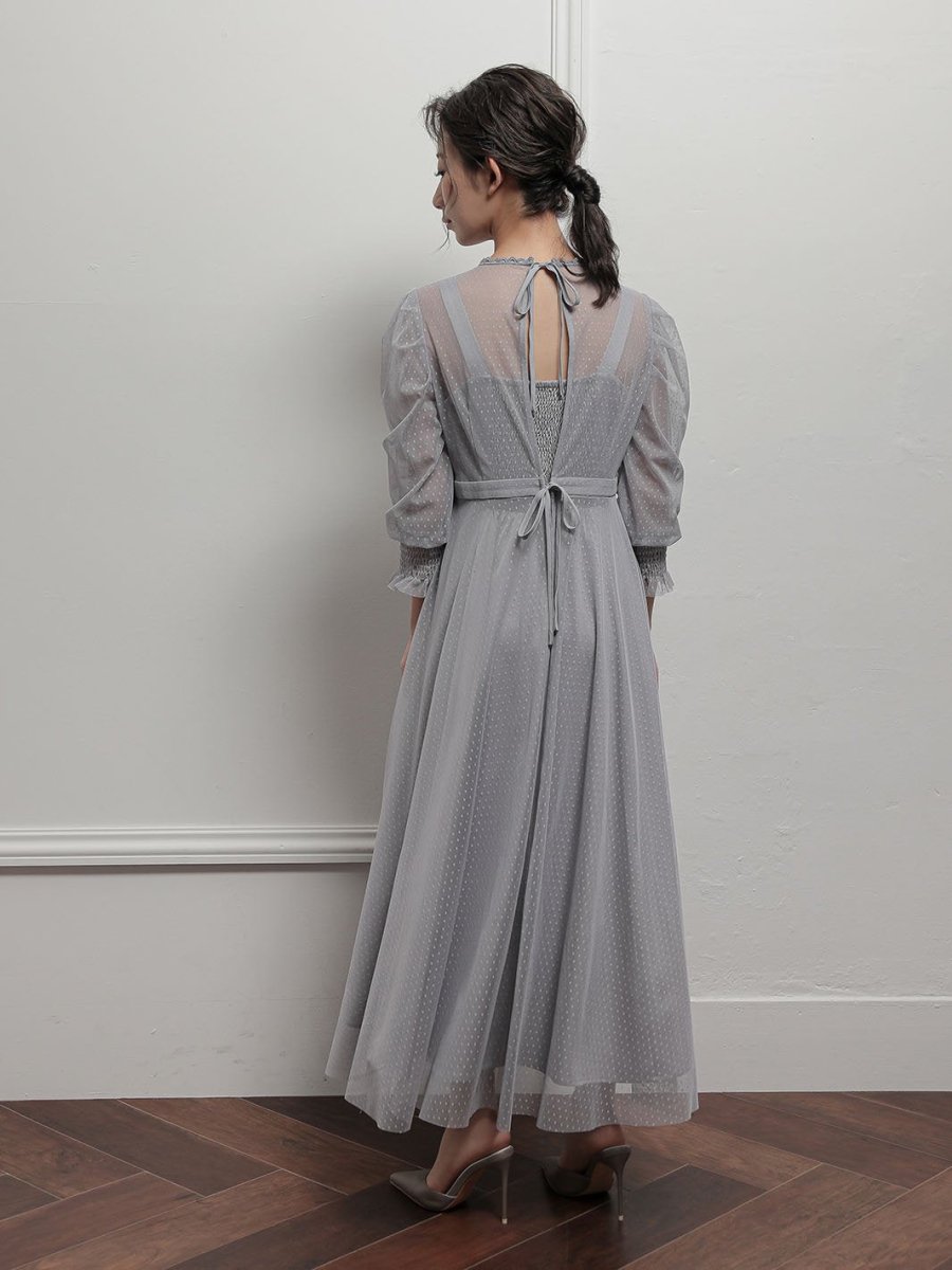 ギャザースリーブチュールレースロングドレス - &Robu.