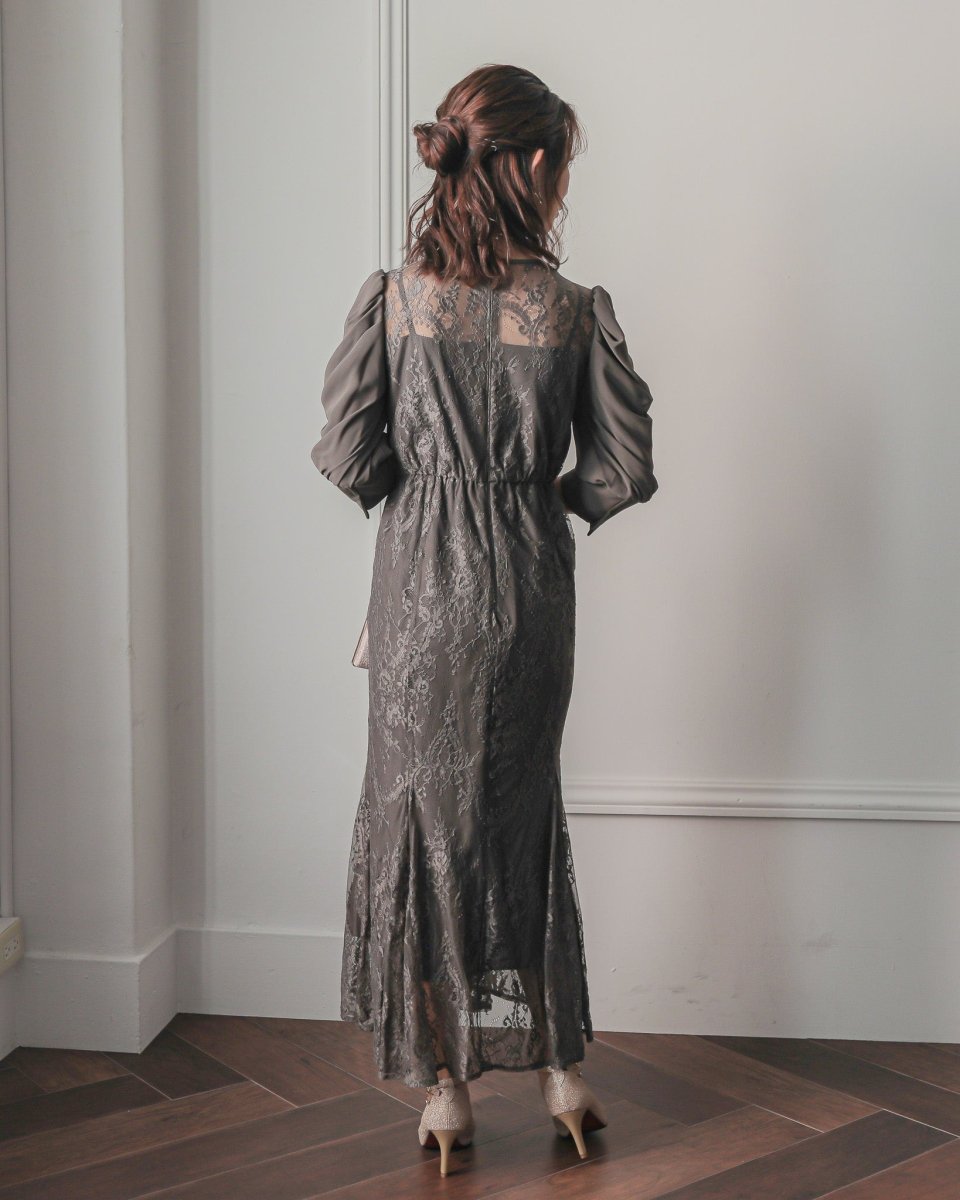 ギャザースリーブレースロングドレス - &Robu.