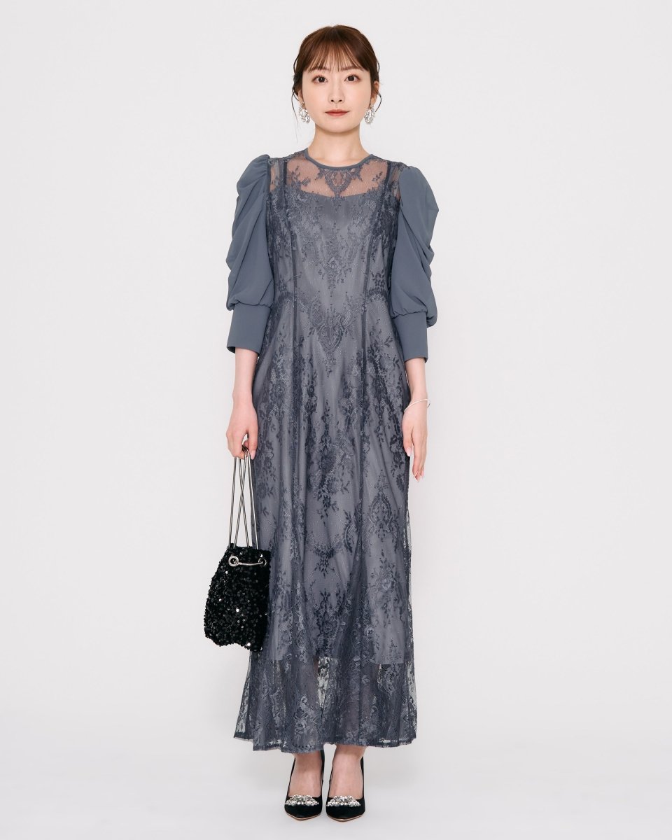 ギャザースリーブレースロングドレス - &Robu.