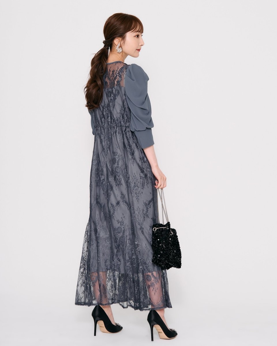 ギャザースリーブレースロングドレス - &Robu.