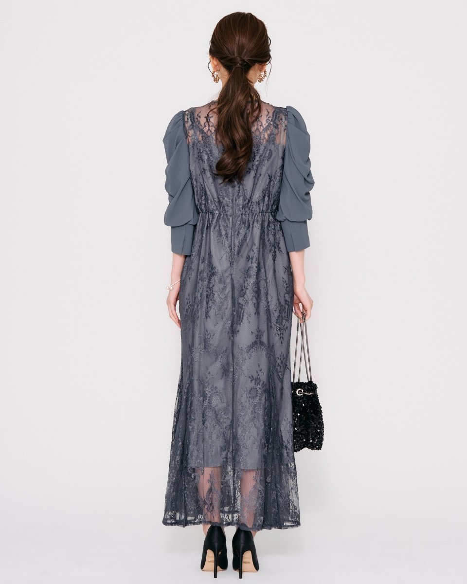 ギャザースリーブレースロングドレス - &Robu.