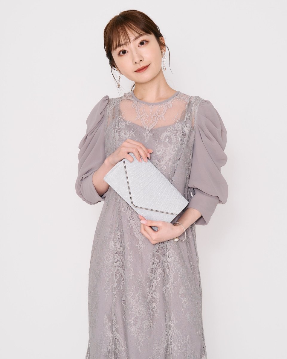 ギャザースリーブレースロングドレス - &Robu.