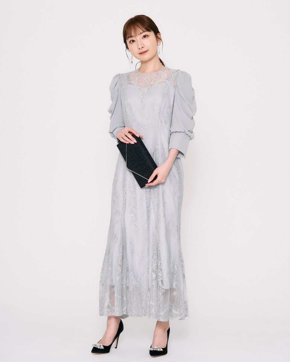 ギャザースリーブレースロングドレス - &Robu.