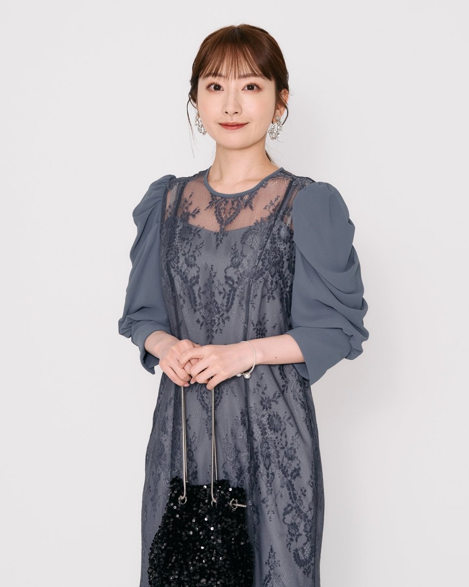 ギャザースリーブレースロングドレス - &Robu.