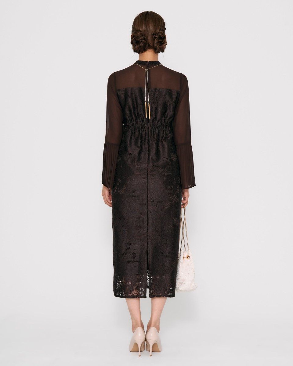 プリーツスリーブジャガードロングドレス - &Robu.