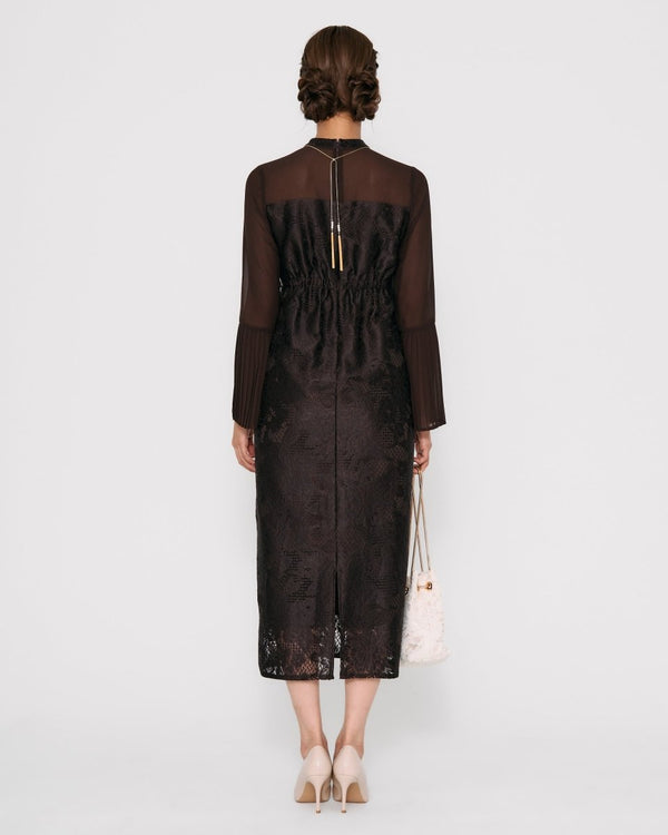 プリーツスリーブジャガードロングドレス - &Robu.