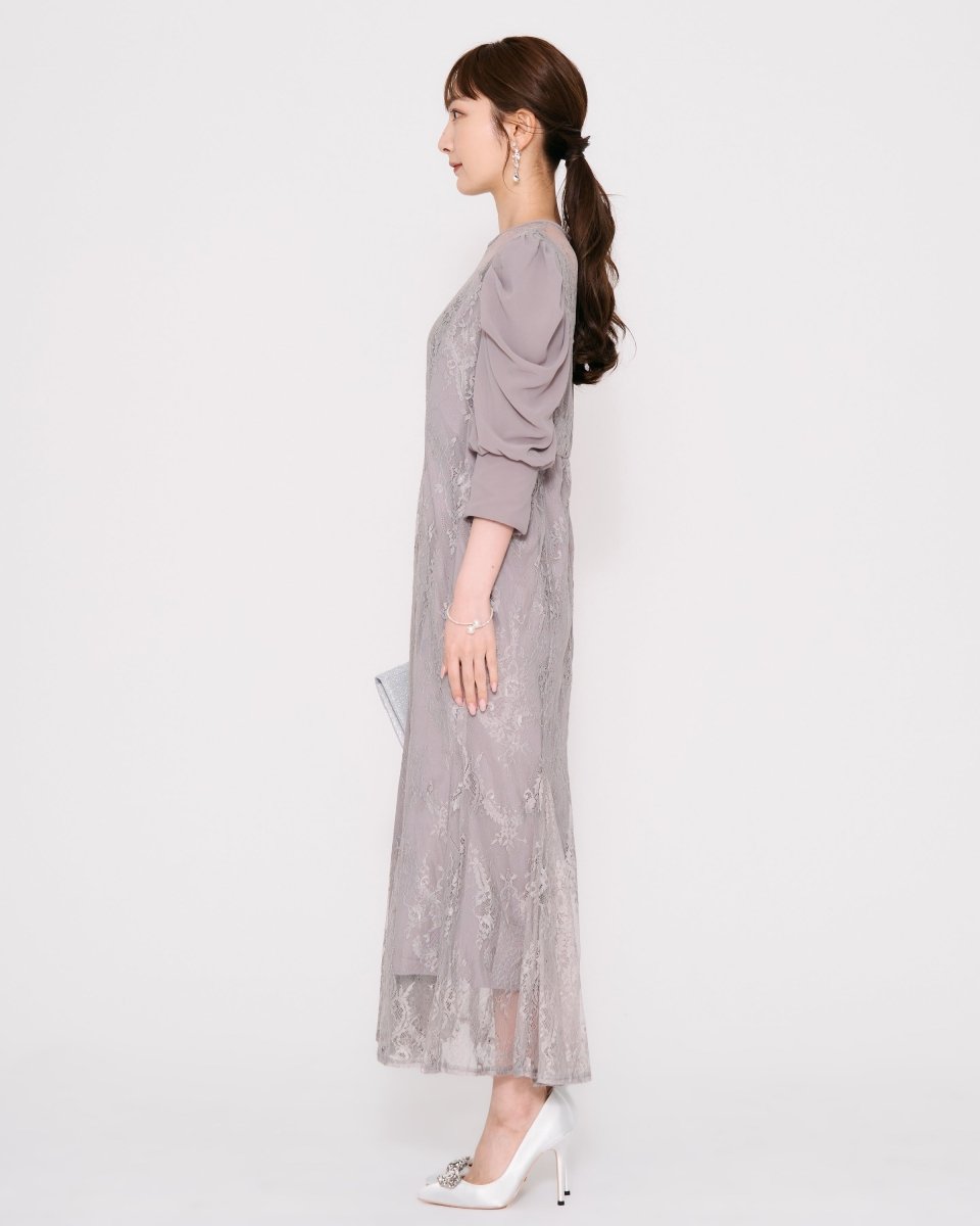 ギャザースリーブレースロングドレス - &Robu.