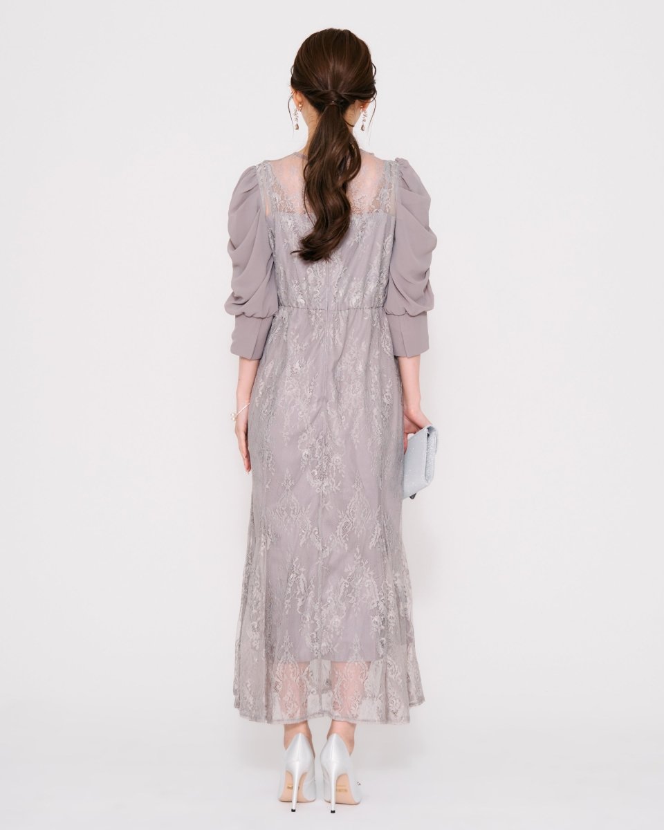 ギャザースリーブレースロングドレス - &Robu.