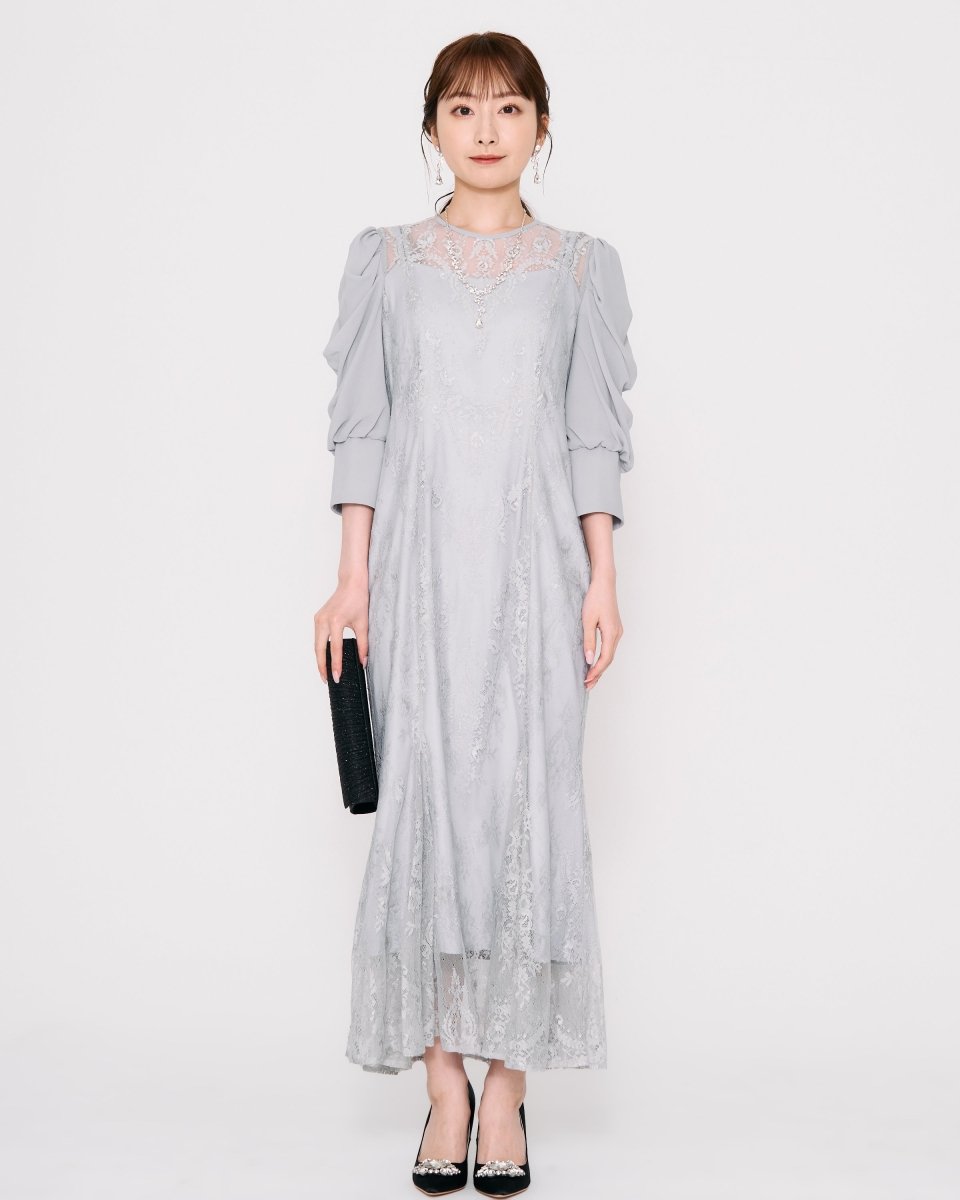 ギャザースリーブレースロングドレス - &Robu.