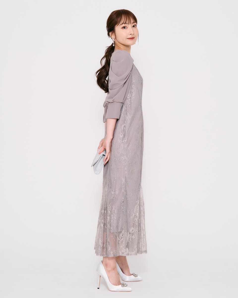 ギャザースリーブレースロングドレス - &Robu.