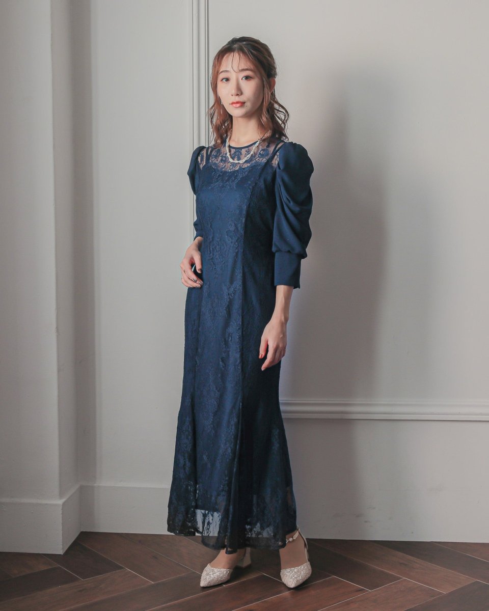 ギャザースリーブレースロングドレス - &Robu.