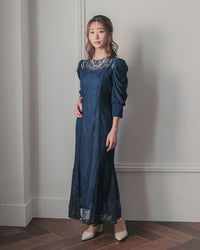 ギャザースリーブレースロングドレス - &Robu.