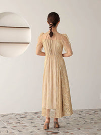 レースコンビネーションフレアロングドレス - &Robu.