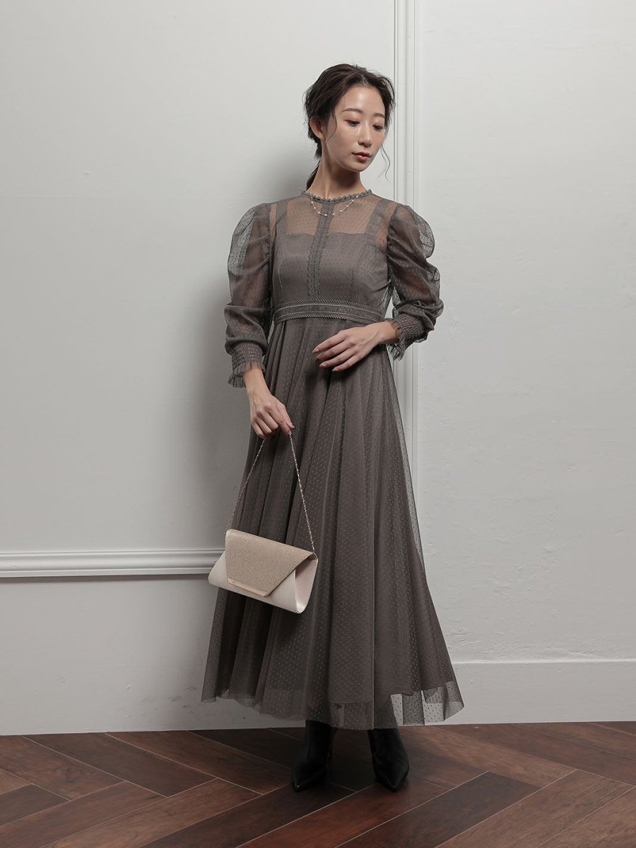 ギャザースリーブチュールレースロングドレス - &Robu.