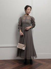 ギャザースリーブチュールレースロングドレス - &Robu.