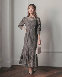 ギャザースリーブレースロングドレス - &Robu.