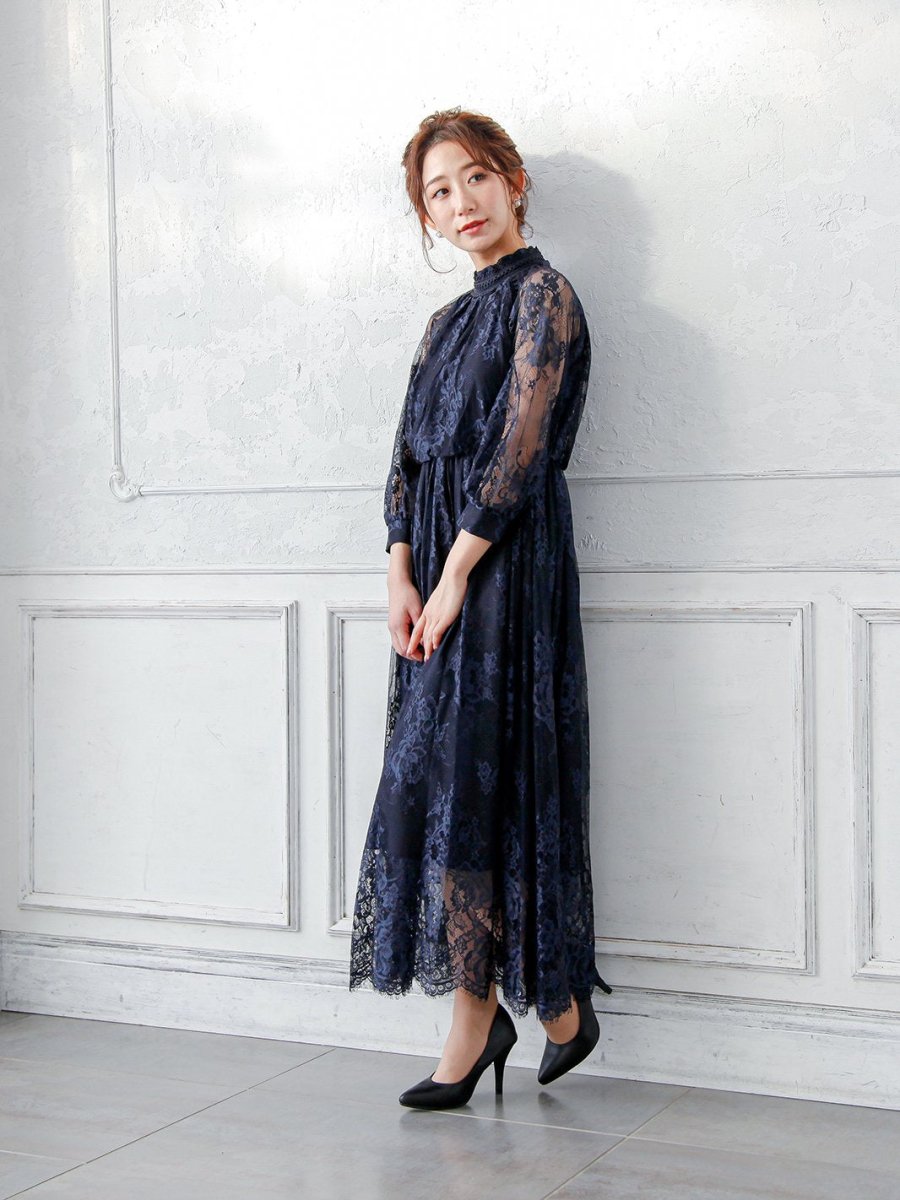 オールレースハイネックギャザーワンピース - &Robu.