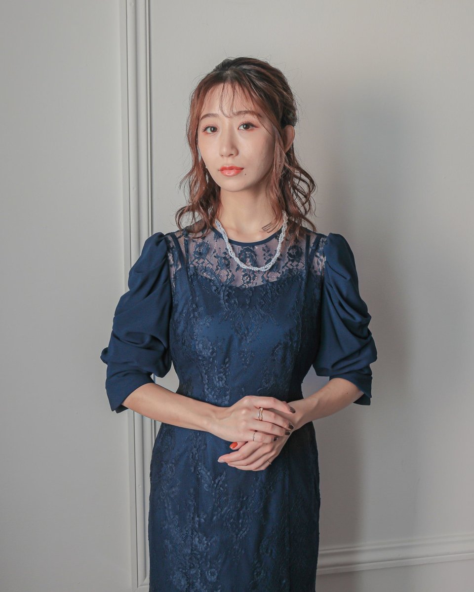 ギャザースリーブレースロングドレス - &Robu.