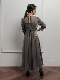 ギャザースリーブチュールレースロングドレス - &Robu.