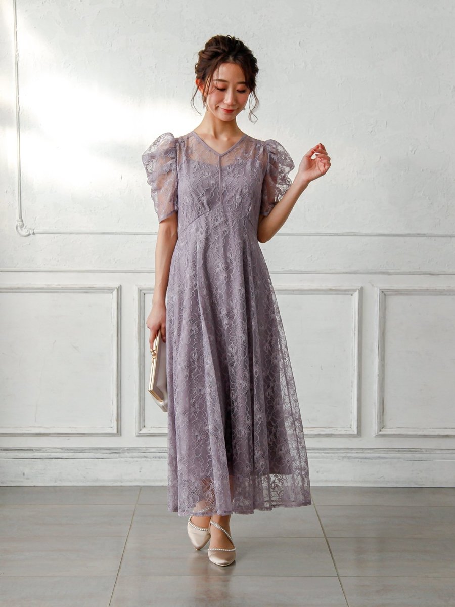 パワーショルダーレースロングドレス - &Robu.