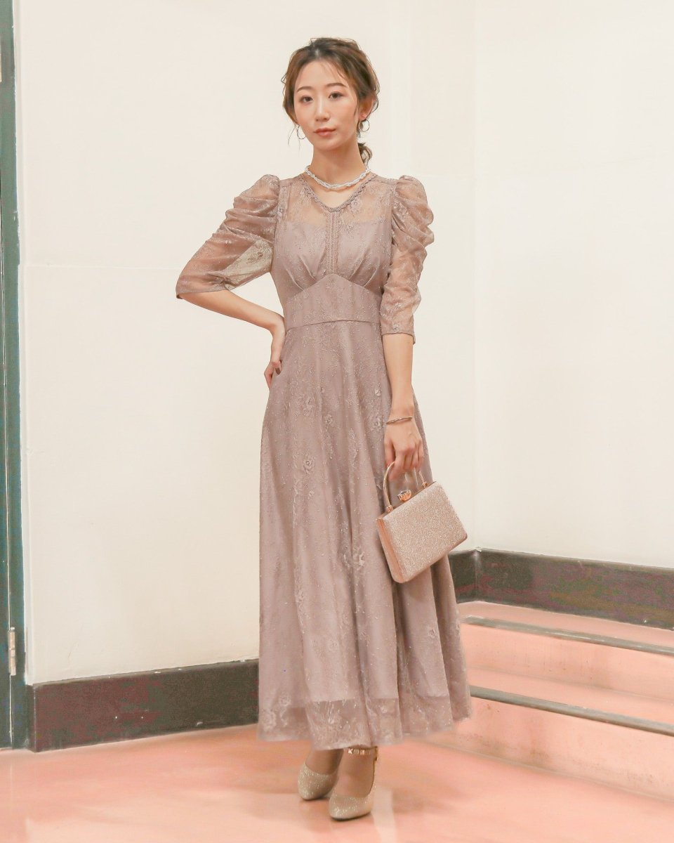 ギャザースリーブレースロングワンピース - &Robu.