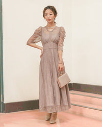 ギャザースリーブレースロングワンピース - &Robu.