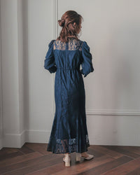 ギャザースリーブレースロングドレス - &Robu.