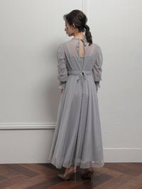 ギャザースリーブチュールレースロングドレス - &Robu.