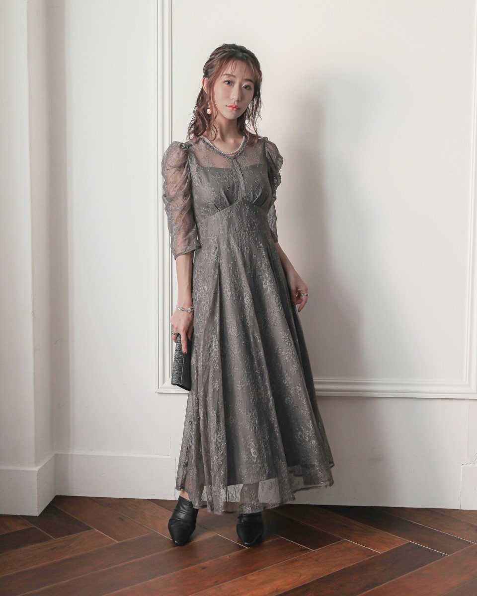 ギャザースリーブレースロングワンピース - &Robu.