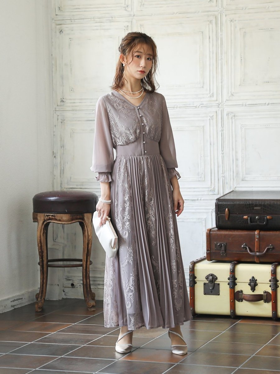 レース&プリーツロングドレス - &Robu.