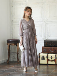 レース&プリーツロングドレス - &Robu.