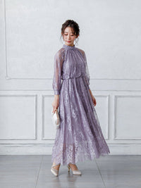 オールレースハイネックギャザーワンピース - &Robu.