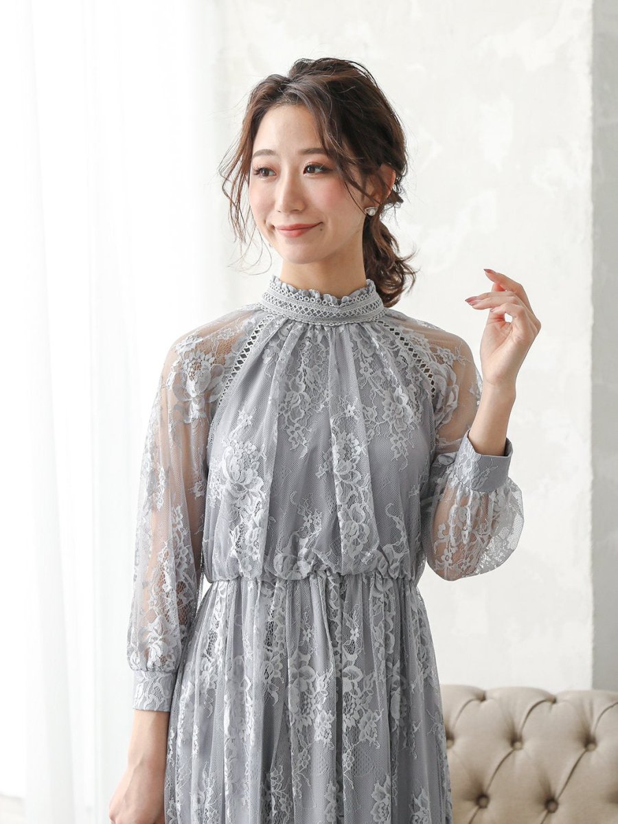 オールレースハイネックギャザーワンピース - &Robu.