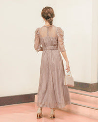 ギャザースリーブレースロングワンピース - &Robu.