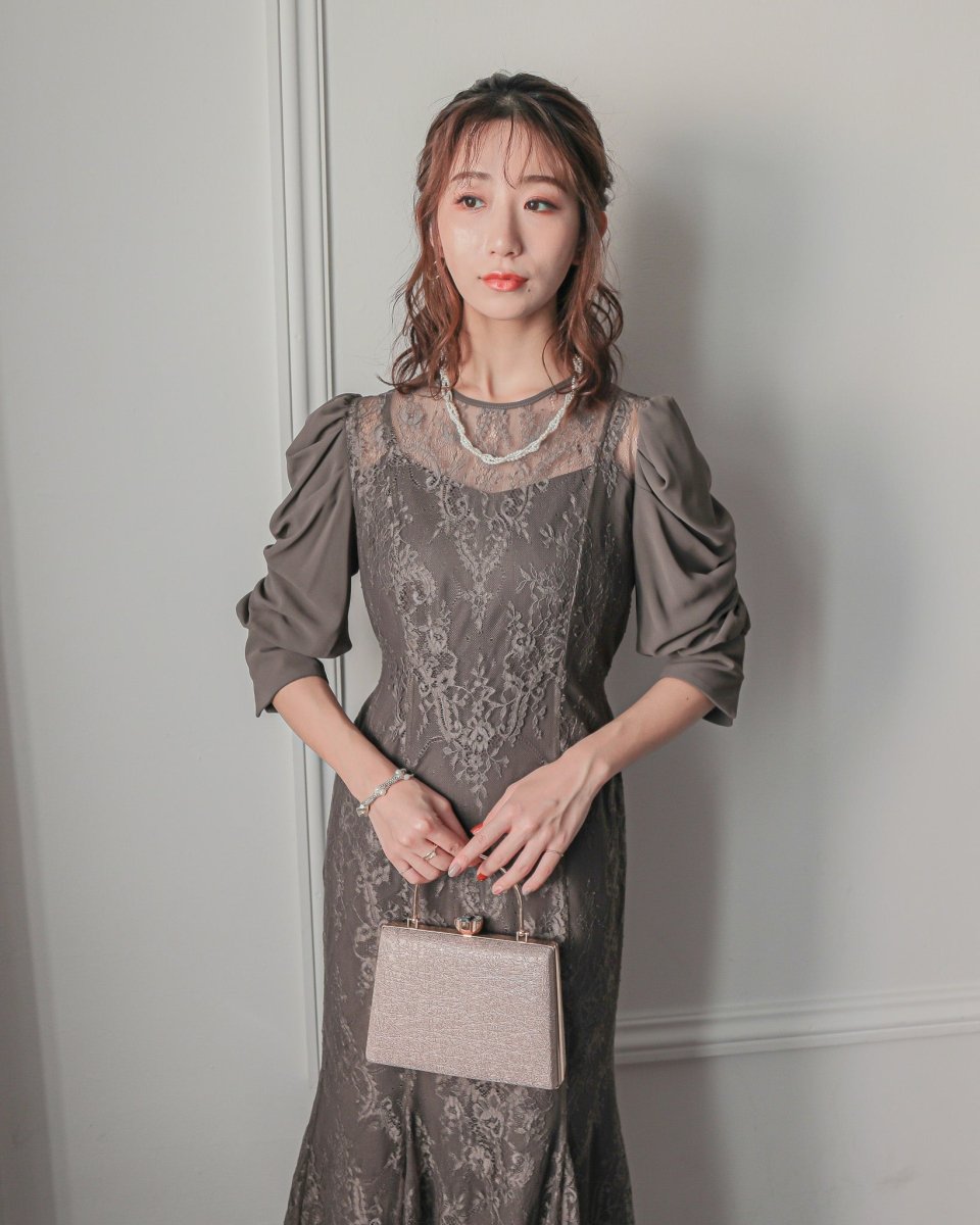 ギャザースリーブレースロングドレス - &Robu.