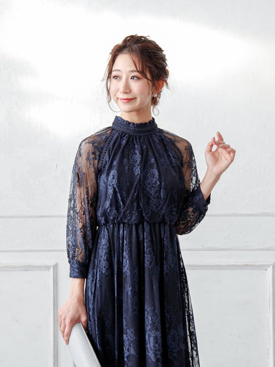 オールレースハイネックギャザーワンピース - &Robu.