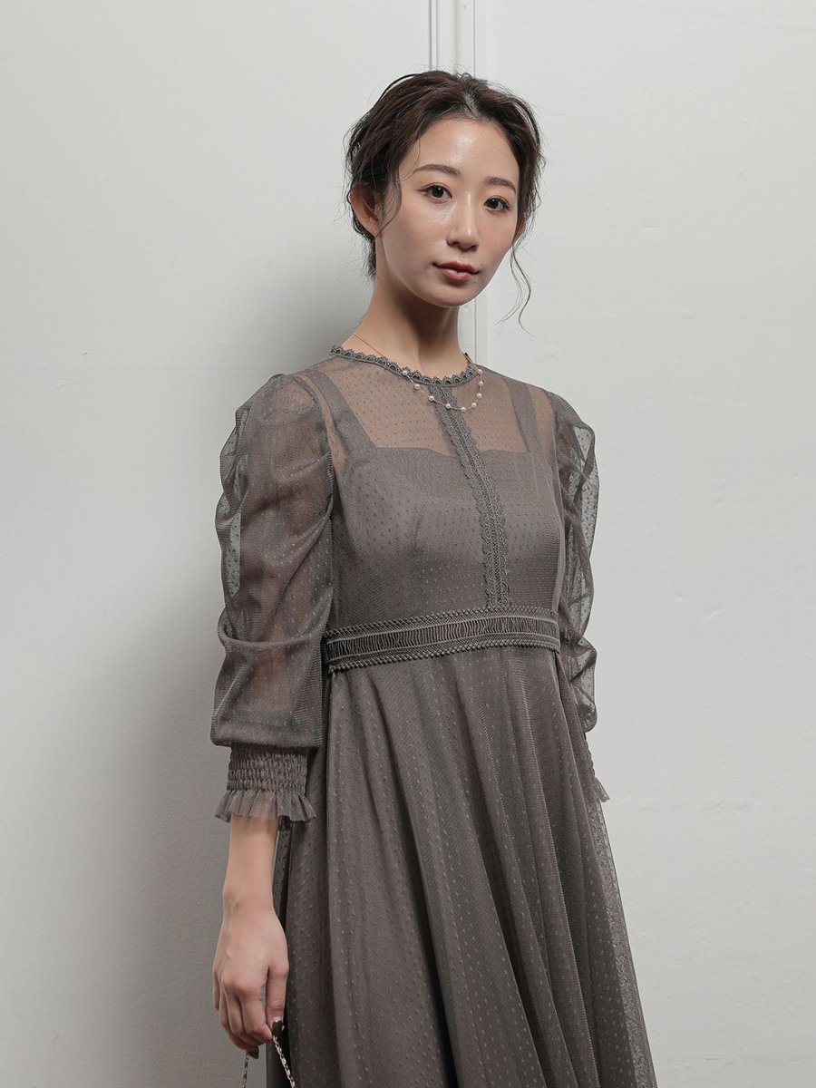 ギャザースリーブチュールレースロングドレス - &Robu.