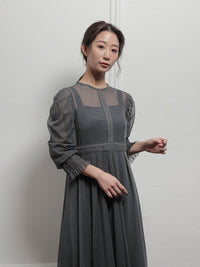 ギャザースリーブチュールレースロングドレス - &Robu.