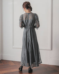 ギャザースリーブレースロングワンピース - &Robu.