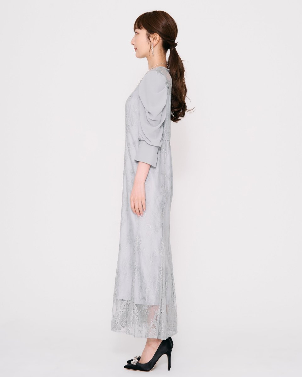 ギャザースリーブレースロングドレス - &Robu.