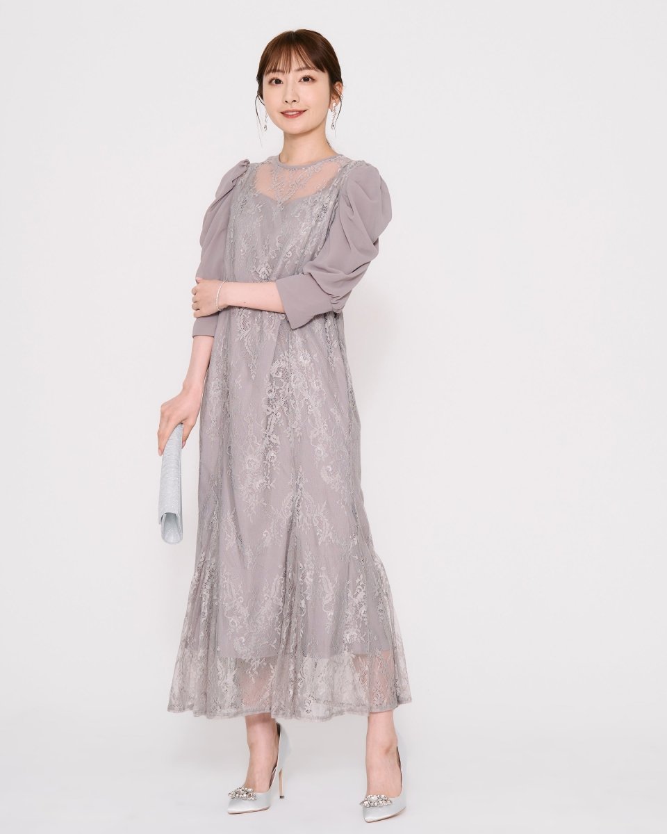 ギャザースリーブレースロングドレス - &Robu.