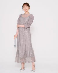 ギャザースリーブレースロングドレス - &Robu.