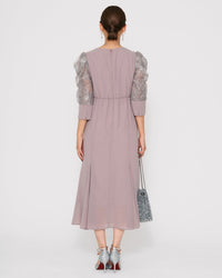 ギャザースリーブシフォンロングドレス - &Robu.