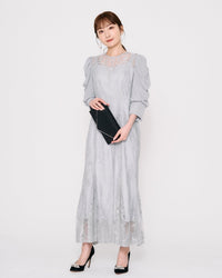 ギャザースリーブレースロングドレス - &Robu.