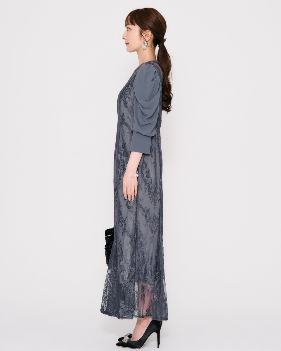 ギャザースリーブレースロングドレス - &Robu.