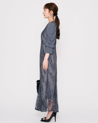 ギャザースリーブレースロングドレス - &Robu.